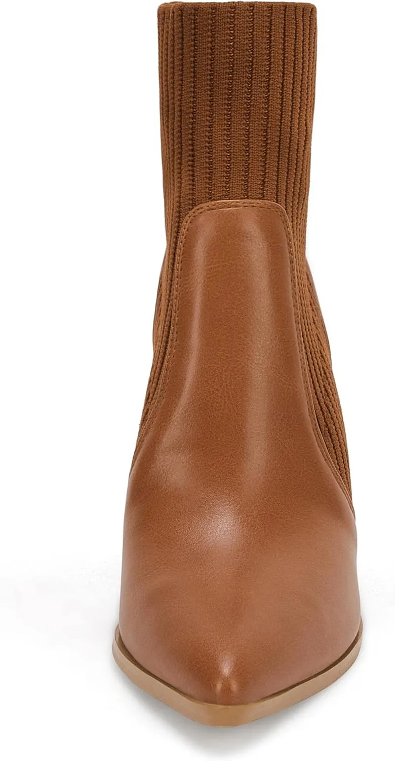 Ermonn Womens Pointed Toe High Heels Ankle Boots Zipper Block Chunky Heel Knit Elastic Fall Winter Dressy Booties