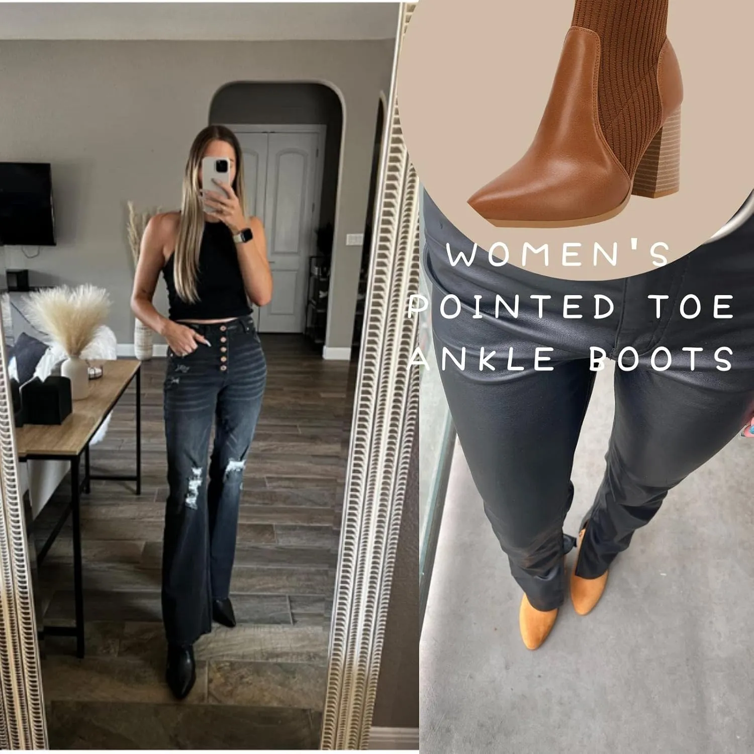 Ermonn Womens Pointed Toe High Heels Ankle Boots Zipper Block Chunky Heel Knit Elastic Fall Winter Dressy Booties