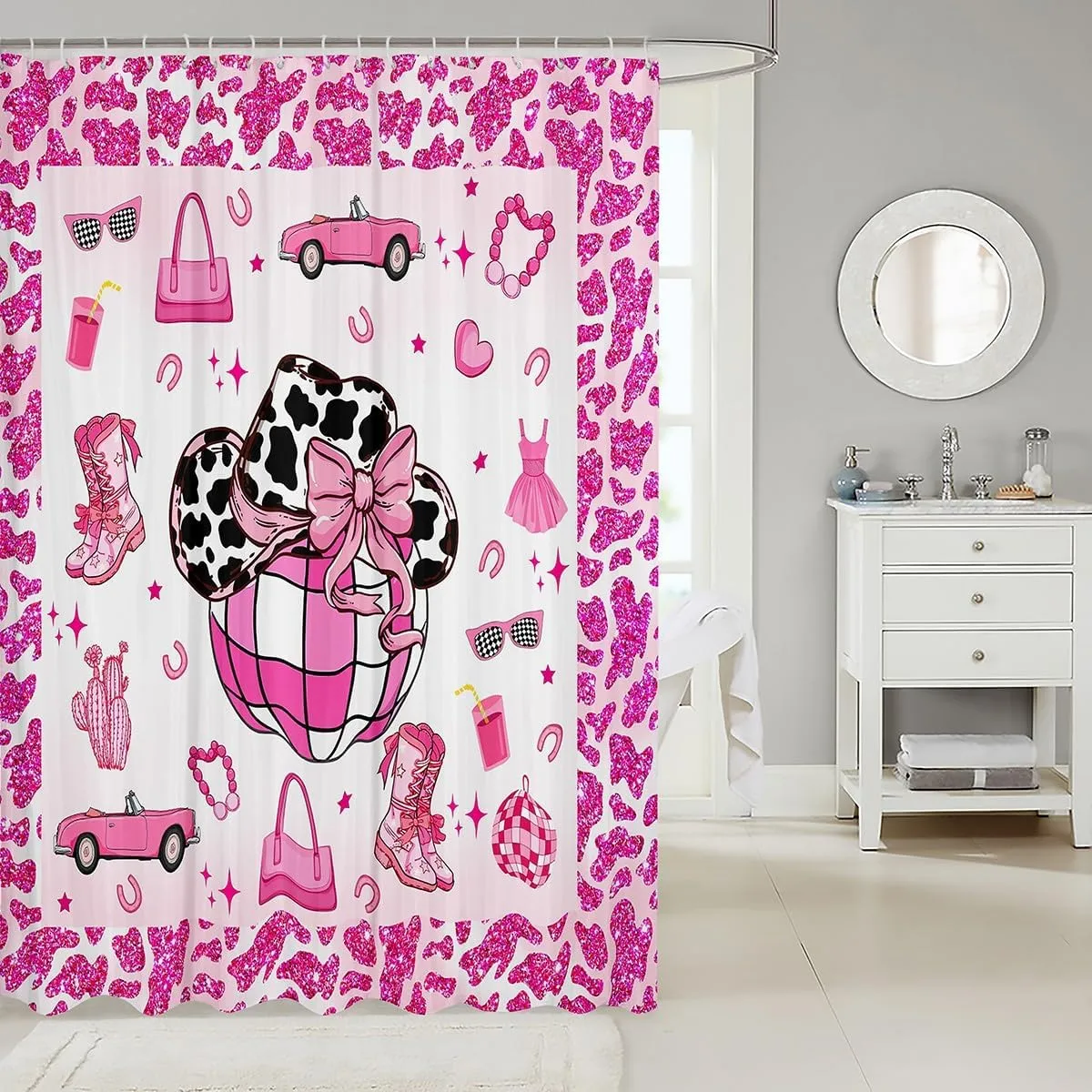 Erosebridal Cowgirl Shower Curtain 72" W x 84" L,Cowgirl Boots Hats Bathroom Curtain,Western Farmhouse Bathroom Accessories,Neon Cow Pattern Fabric Shower Curtains