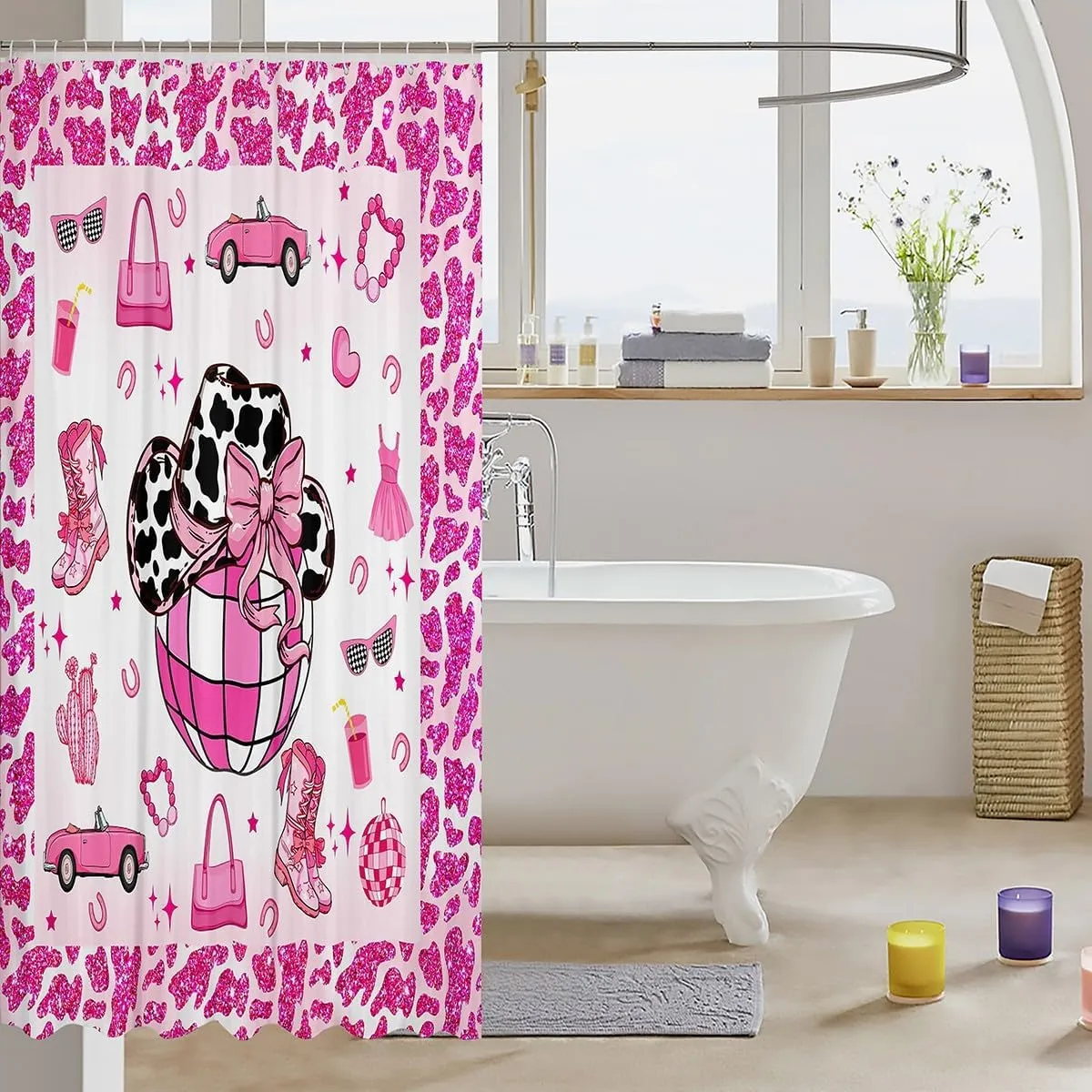 Erosebridal Cowgirl Shower Curtain 72" W x 84" L,Cowgirl Boots Hats Bathroom Curtain,Western Farmhouse Bathroom Accessories,Neon Cow Pattern Fabric Shower Curtains