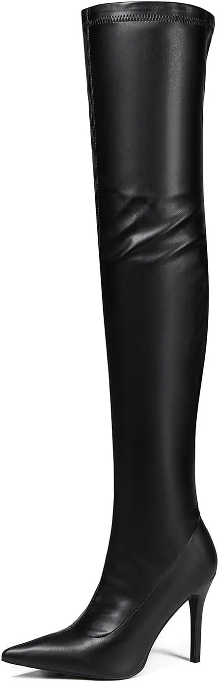 Feinlina Stiletto Heel Over The Knee High Boots Zipper Closure Pointed Toe Leather Thigh High Boots