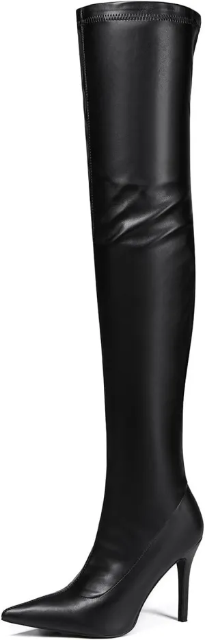 Feinlina Stiletto Heel Over The Knee High Boots Zipper Closure Pointed Toe Leather Thigh High Boots