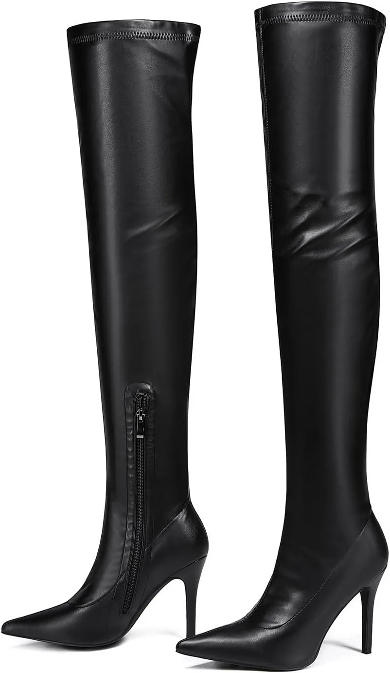 Feinlina Stiletto Heel Over The Knee High Boots Zipper Closure Pointed Toe Leather Thigh High Boots