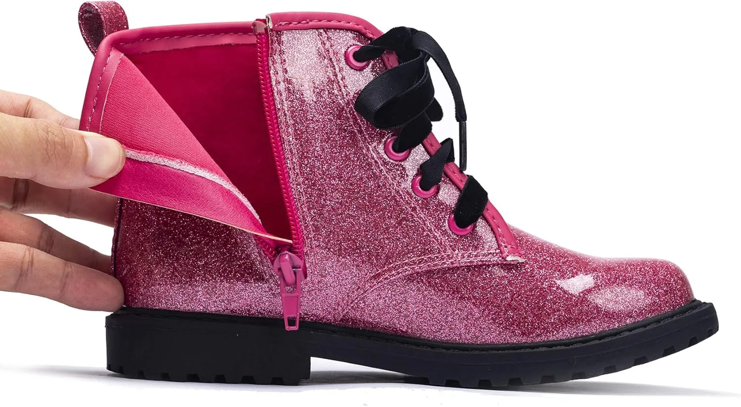 FITORY Girls/Boys Glitter Ankle Boots, Lace Up Waterproof Combat Shoes With Side Zipper for Toddler/Little Kid/Big Kid