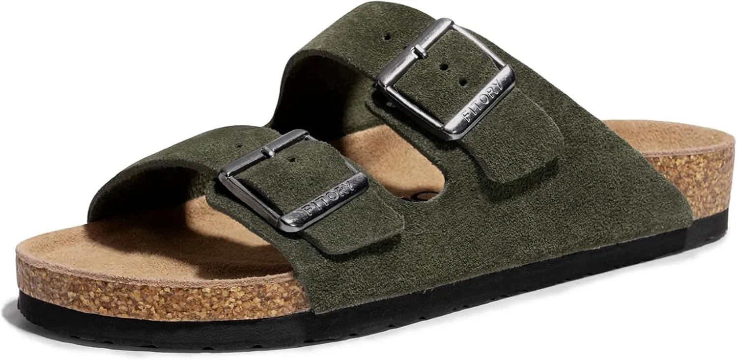 FITORY Mens Leather Sandals with Arch Support, Open Toe Slides Adjustable Buckles for Summer Size 7-13