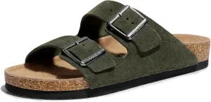 FITORY Mens Leather Sandals with Arch Support, Open Toe Slides Adjustable Buckles for Summer Size 7-13