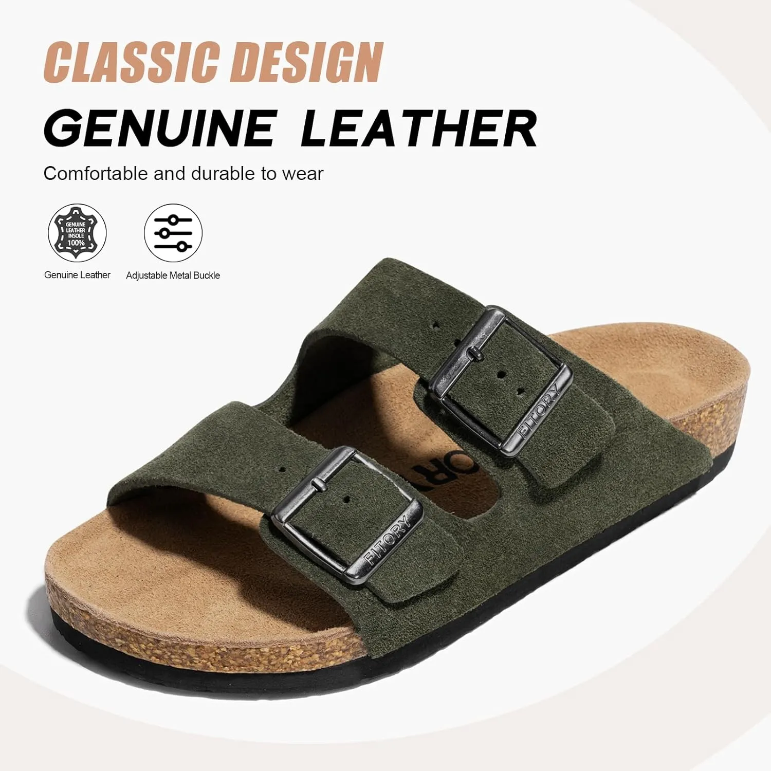 FITORY Mens Leather Sandals with Arch Support, Open Toe Slides Adjustable Buckles for Summer Size 7-13