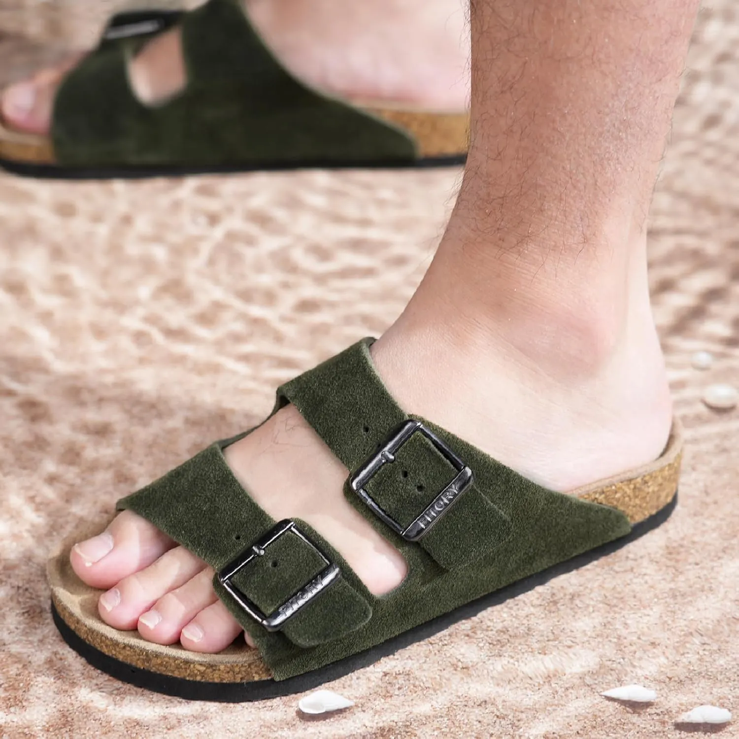 FITORY Mens Leather Sandals with Arch Support, Open Toe Slides Adjustable Buckles for Summer Size 7-13