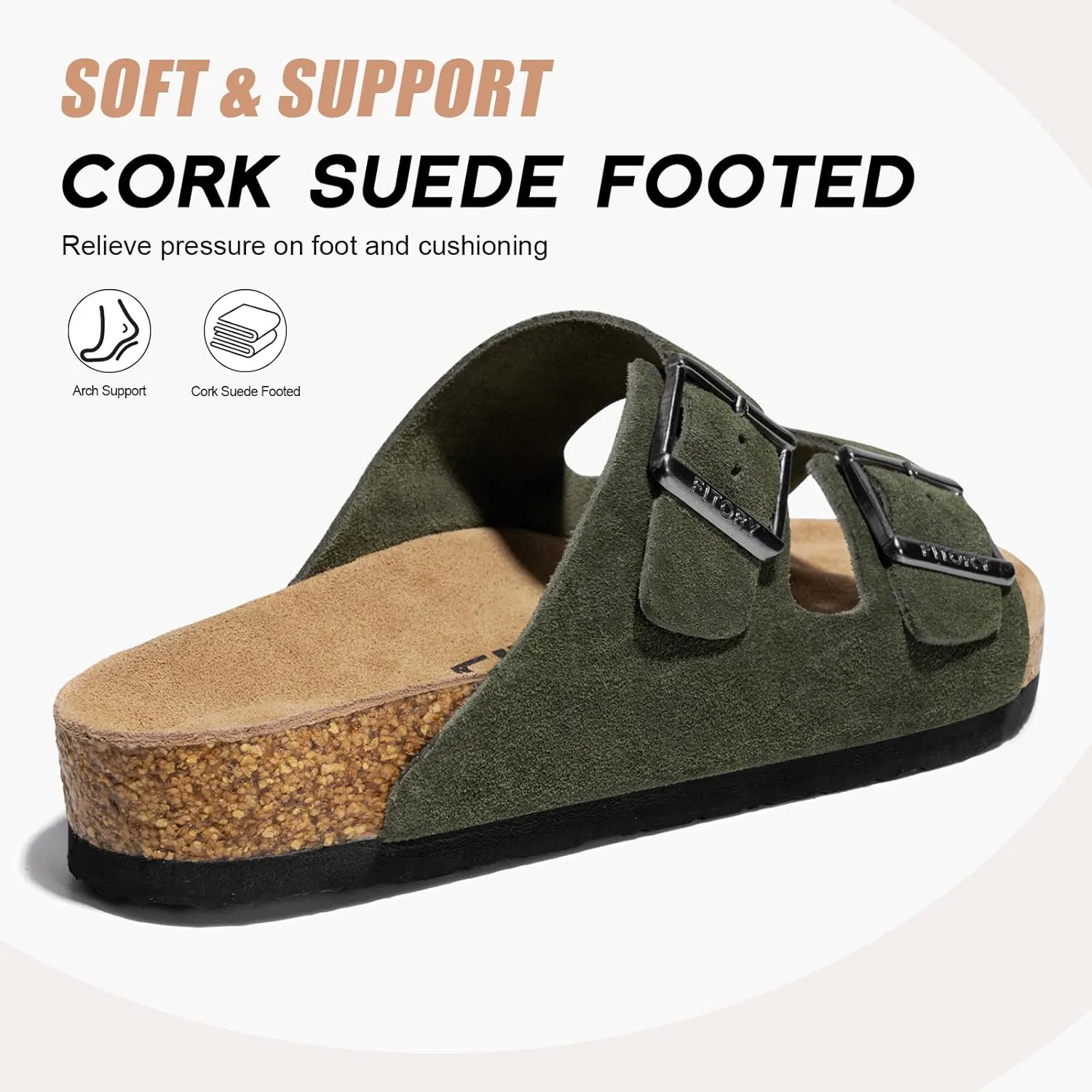 FITORY Mens Leather Sandals with Arch Support, Open Toe Slides Adjustable Buckles for Summer Size 7-13
