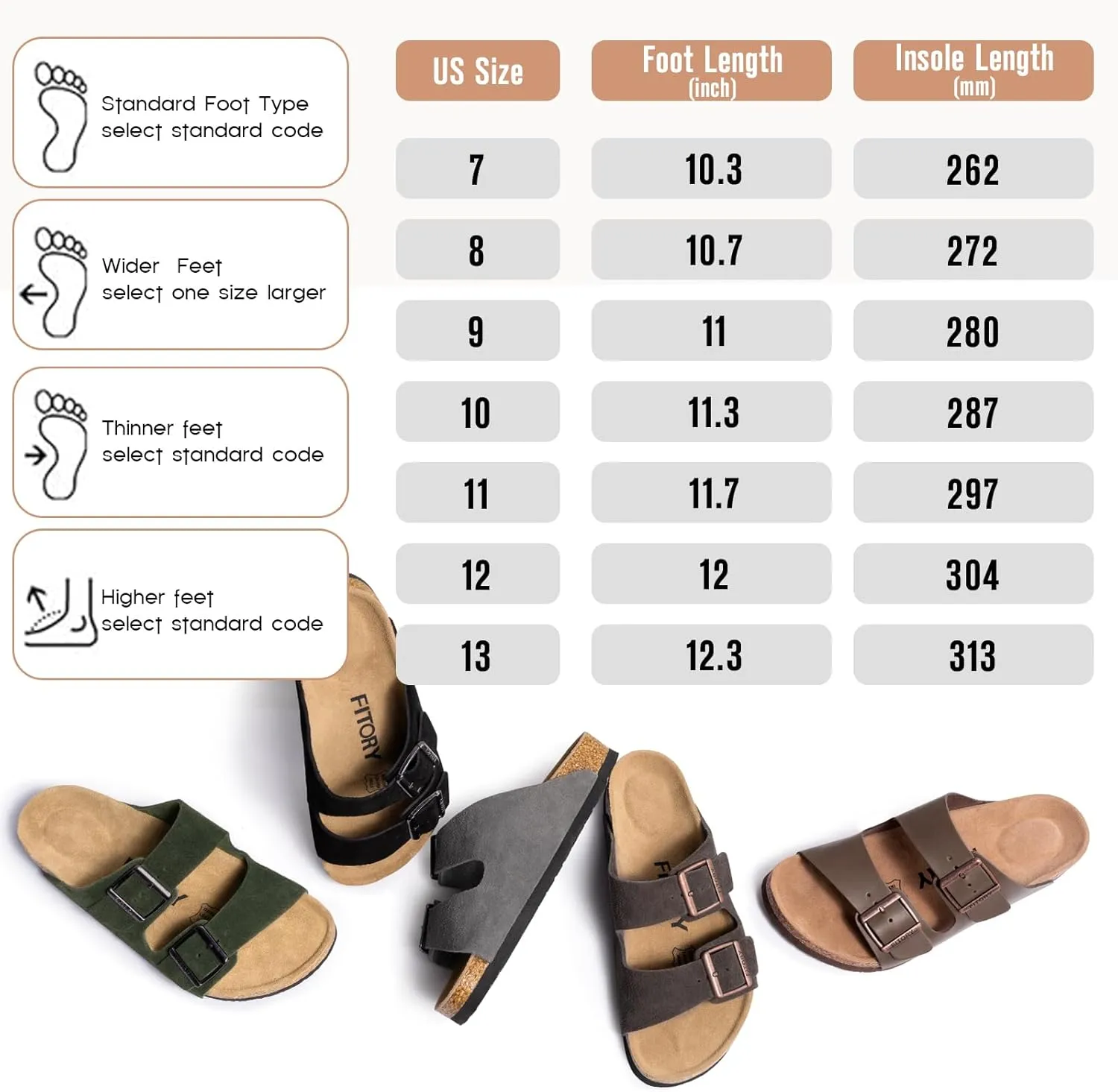 FITORY Mens Leather Sandals with Arch Support, Open Toe Slides Adjustable Buckles for Summer Size 7-13