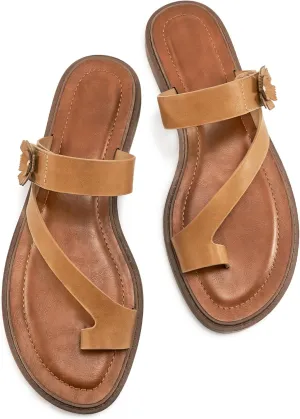 Flat Sandals for Women Dressy: Comfortable Summer Beach Sandal Adjustable Hook loop Slip on Toe Ring Walking Shoes for Travel Office