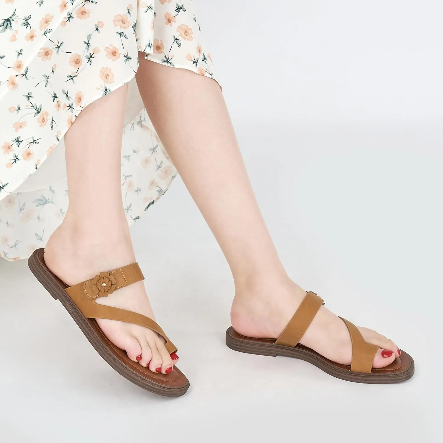 Flat Sandals for Women Dressy: Comfortable Summer Beach Sandal Adjustable Hook loop Slip on Toe Ring Walking Shoes for Travel Office