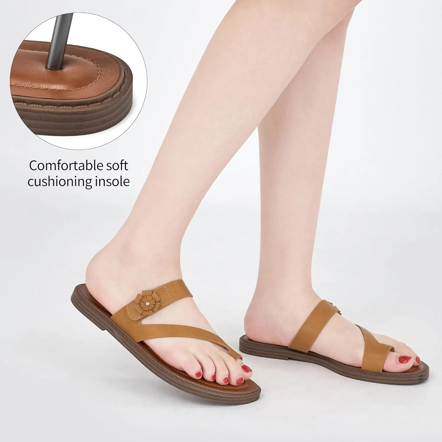 Flat Sandals for Women Dressy: Comfortable Summer Beach Sandal Adjustable Hook loop Slip on Toe Ring Walking Shoes for Travel Office