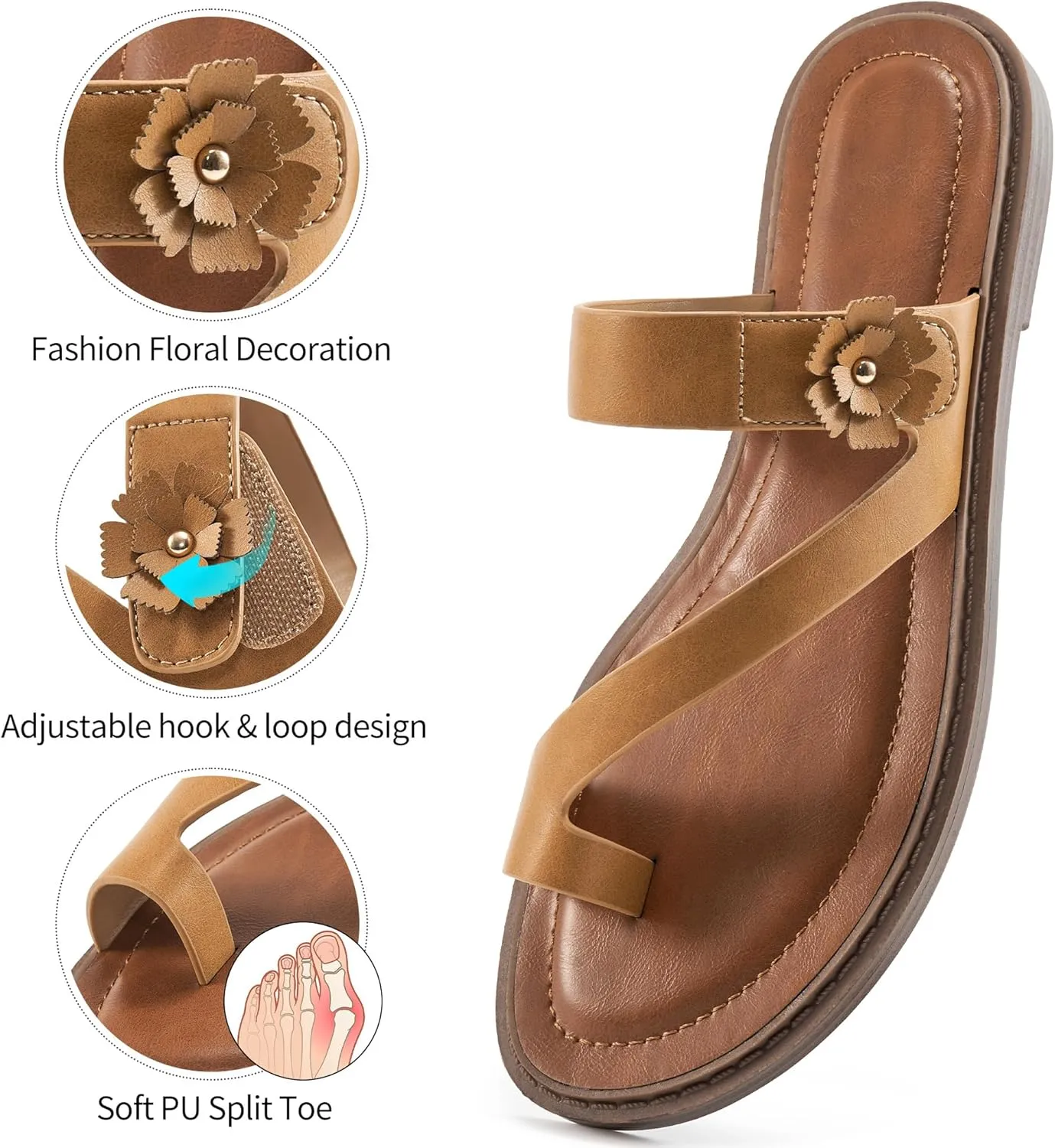 Flat Sandals for Women Dressy: Comfortable Summer Beach Sandal Adjustable Hook loop Slip on Toe Ring Walking Shoes for Travel Office