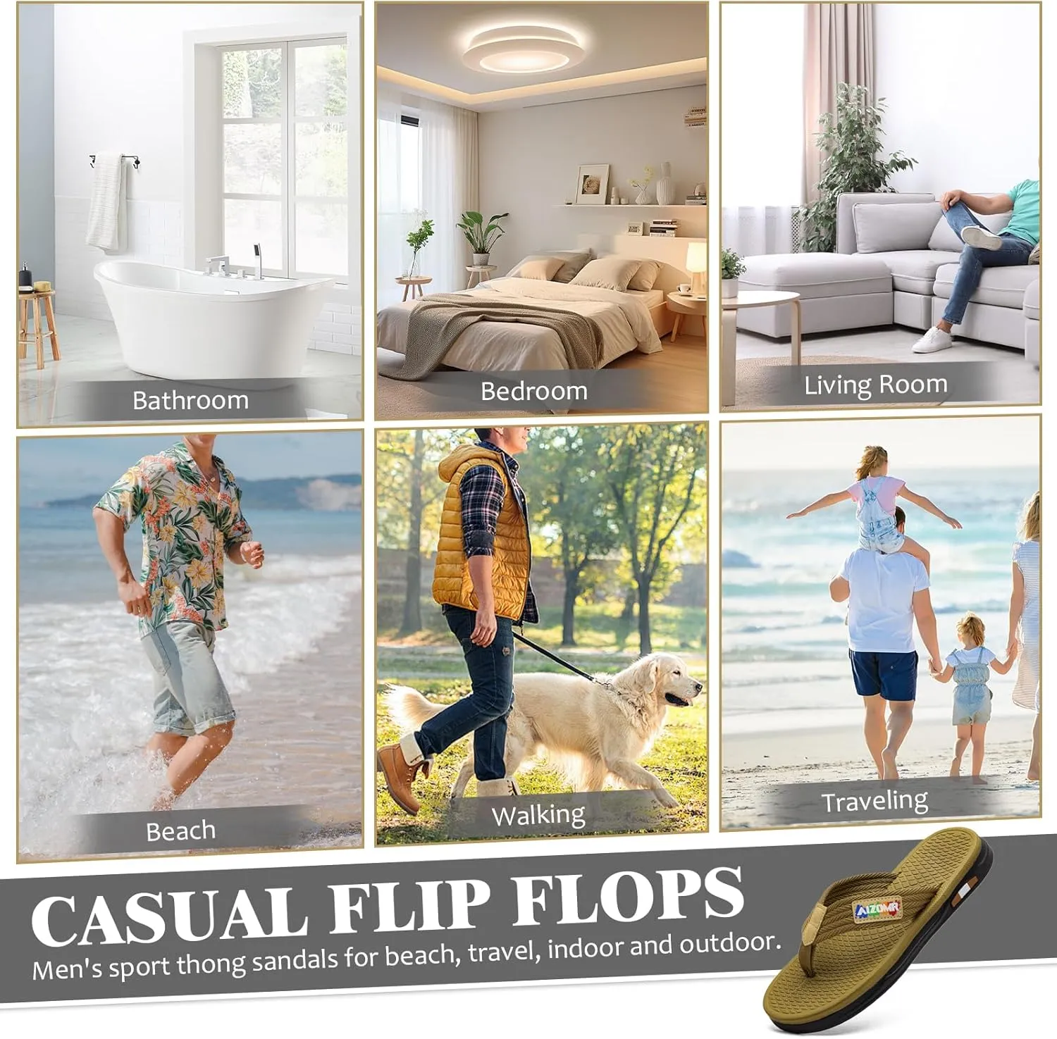 Flip Flops for Men Comfortable Open Toe Summer Beach Thong Sandals Indoor and Outdoor Cushion Slip on Water Resistant Slippers