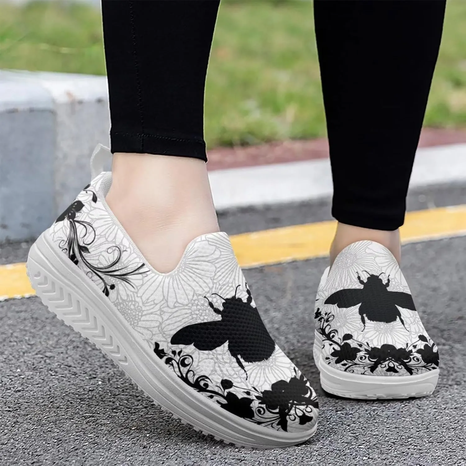 Forchrinse Womens Sneakers Slip On Wedges Shoes Comfortable Low Top Walking Shoes Breathable Thick Rocker Bottom Shoe