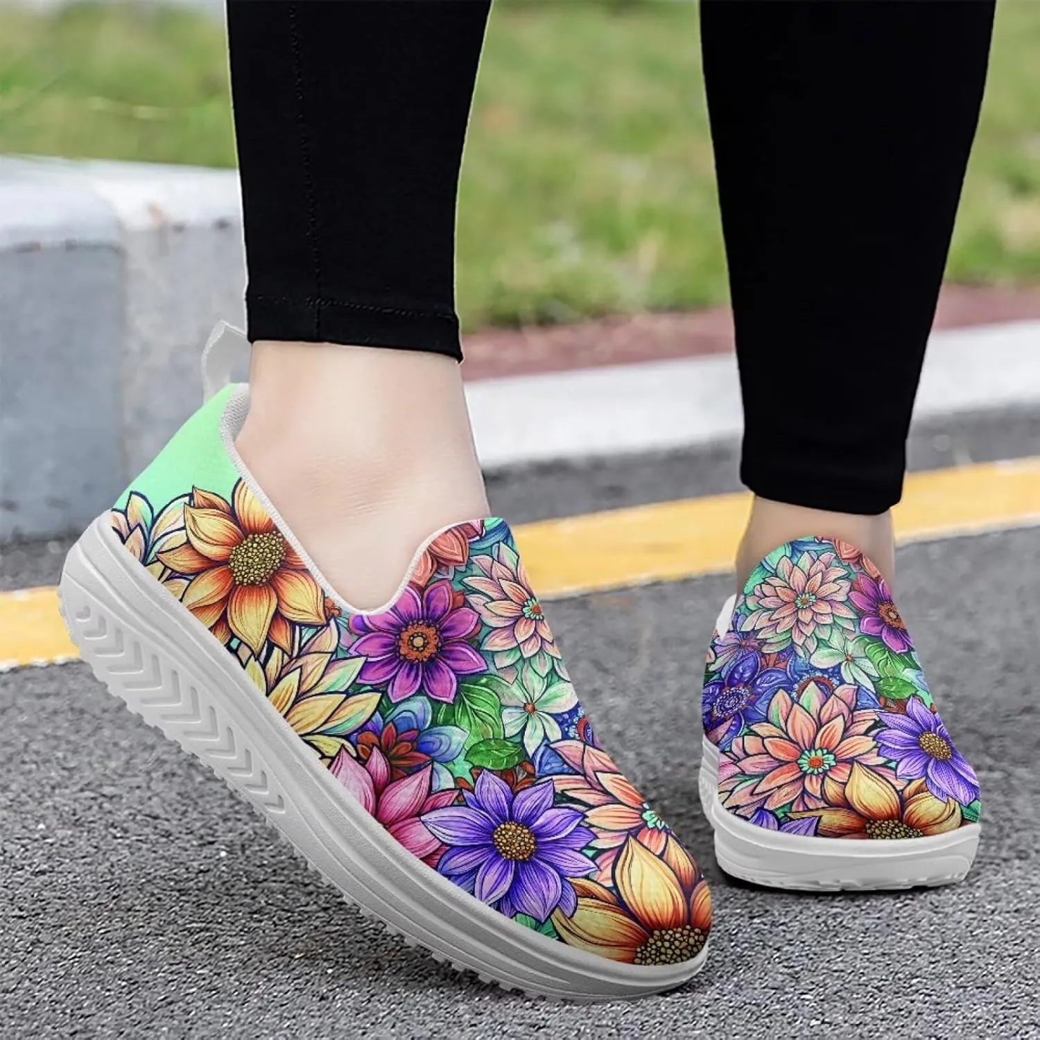 Forchrinse Womens Sneakers Slip On Wedges Shoes Comfortable Low Top Walking Shoes Breathable Thick Rocker Bottom Shoe