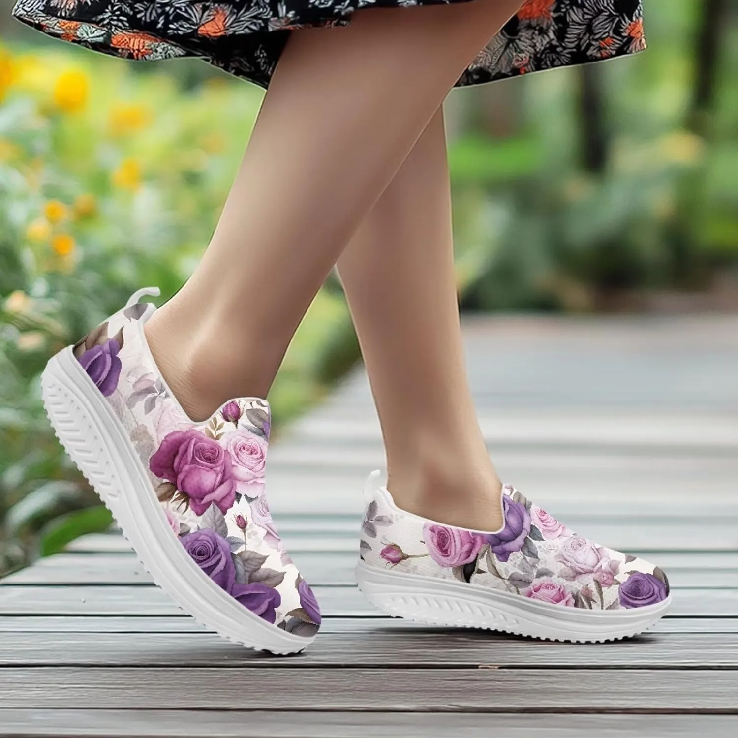 Forchrinse Womens Sneakers Slip On Wedges Shoes Comfortable Low Top Walking Shoes Breathable Thick Rocker Bottom Shoe