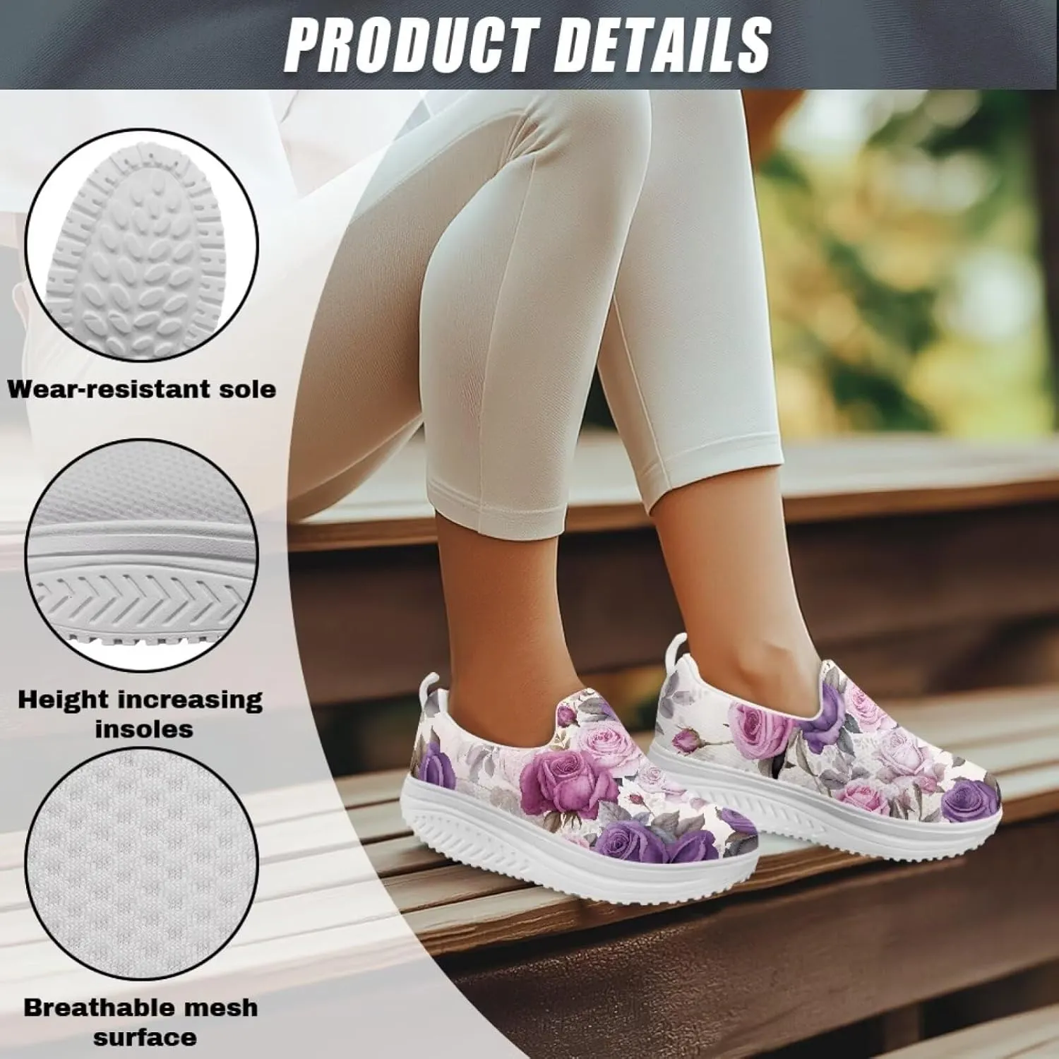 Forchrinse Womens Sneakers Slip On Wedges Shoes Comfortable Low Top Walking Shoes Breathable Thick Rocker Bottom Shoe