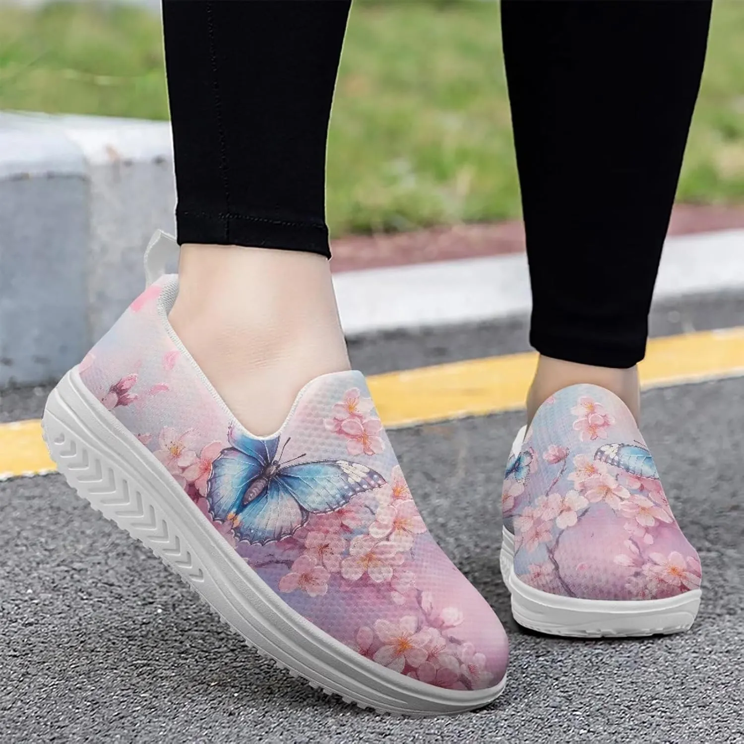 Forchrinse Womens Sneakers Slip On Wedges Shoes Comfortable Low Top Walking Shoes Breathable Thick Rocker Bottom Shoe