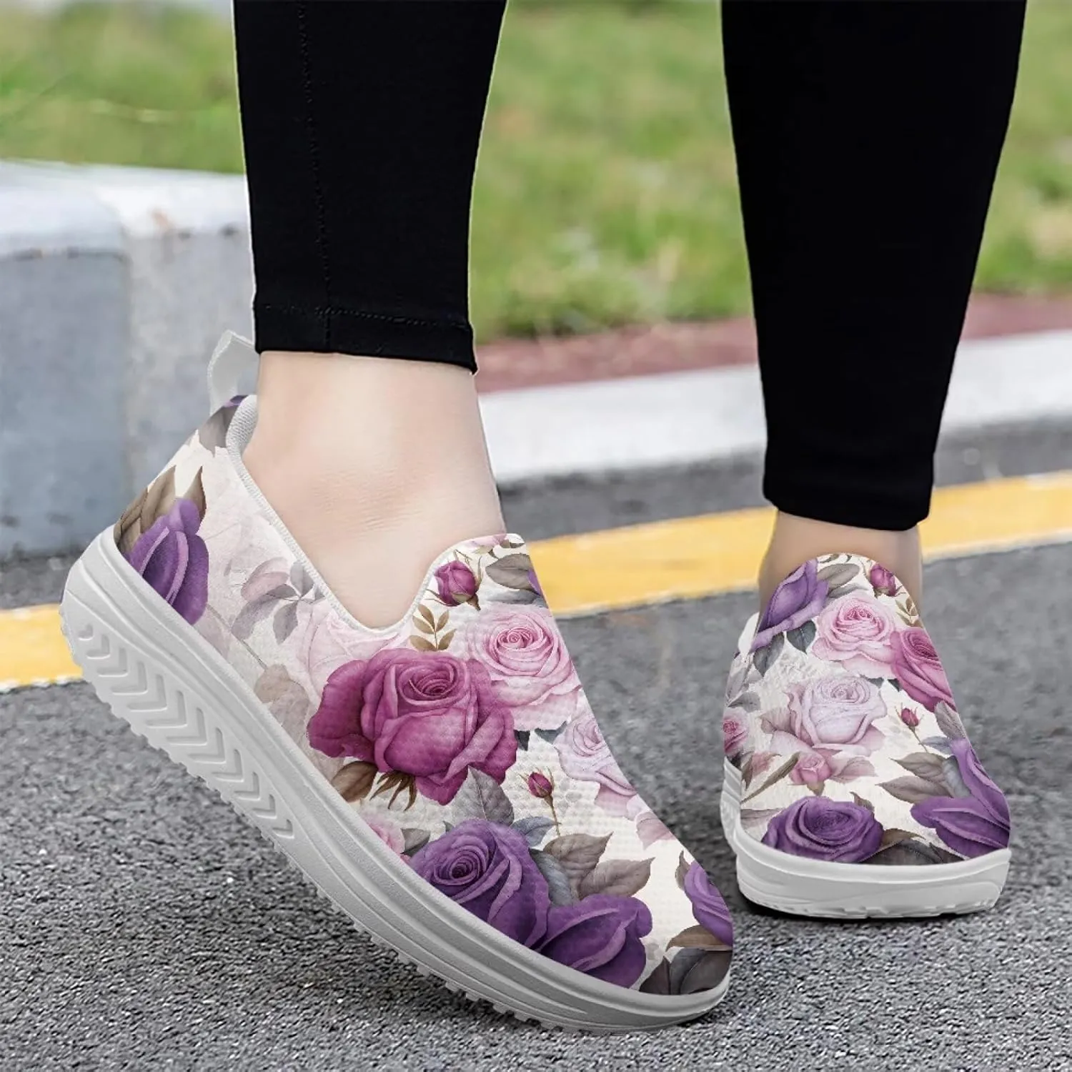 Forchrinse Womens Sneakers Slip On Wedges Shoes Comfortable Low Top Walking Shoes Breathable Thick Rocker Bottom Shoe