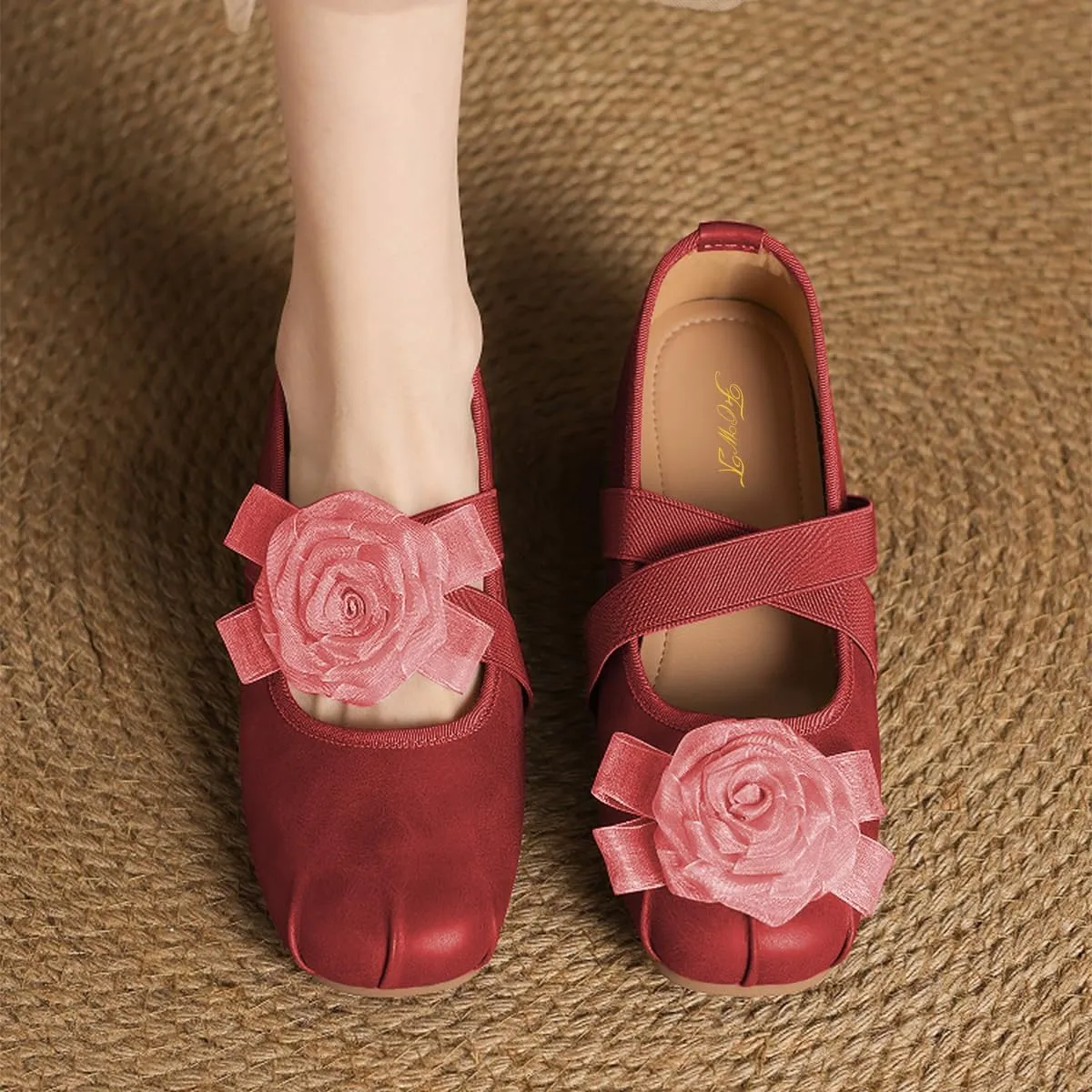 FOWT Women Flower Round Toe Ballet Flats Elastic Strap Comfortable Pumps Daily Street Dressy Fashion Shoes Size 4-16 US