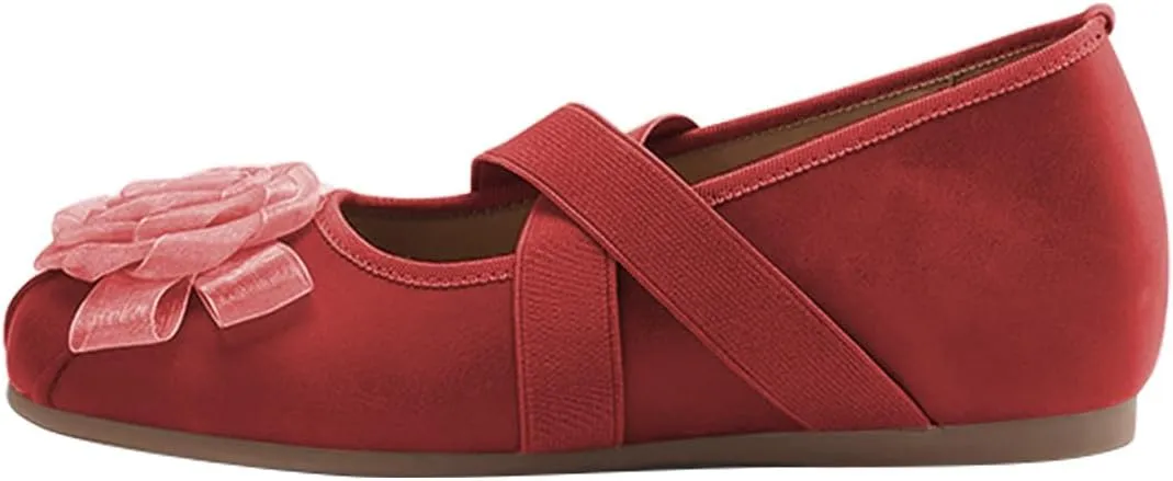 FOWT Women Flower Round Toe Ballet Flats Elastic Strap Comfortable Pumps Daily Street Dressy Fashion Shoes Size 4-16 US