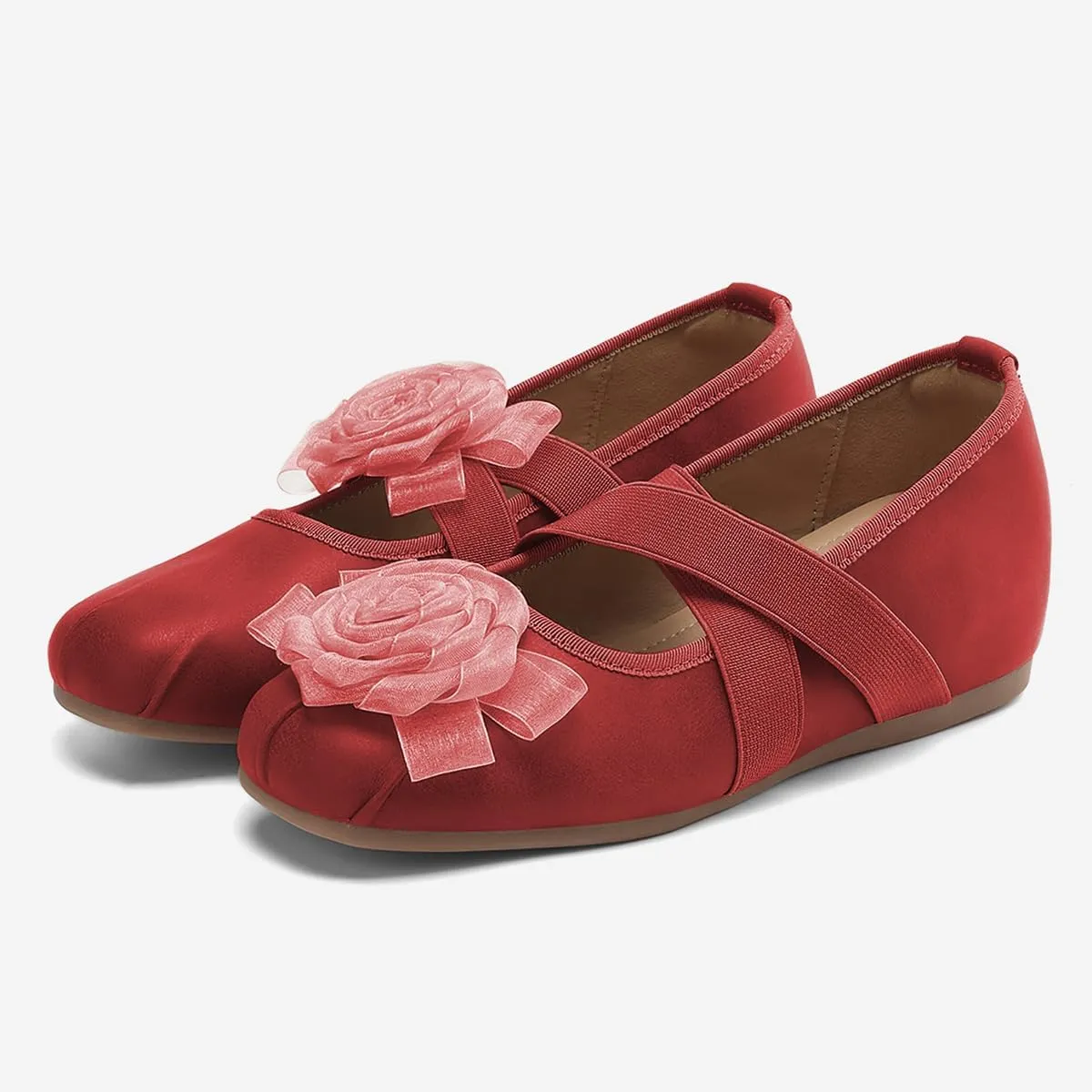 FOWT Women Flower Round Toe Ballet Flats Elastic Strap Comfortable Pumps Daily Street Dressy Fashion Shoes Size 4-16 US