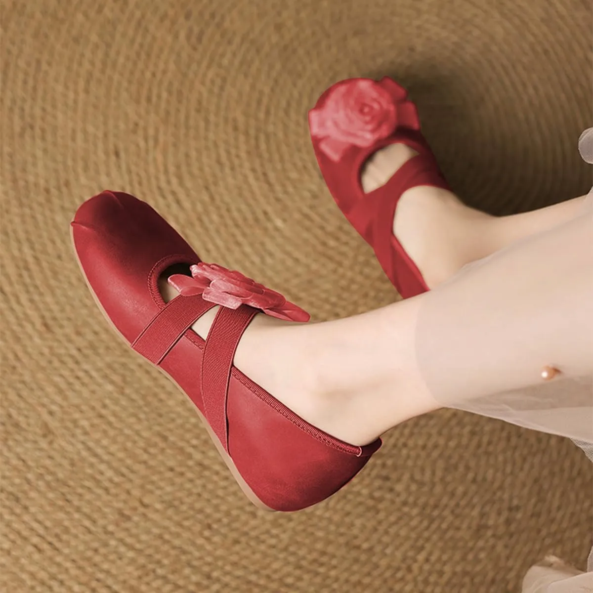 FOWT Women Flower Round Toe Ballet Flats Elastic Strap Comfortable Pumps Daily Street Dressy Fashion Shoes Size 4-16 US