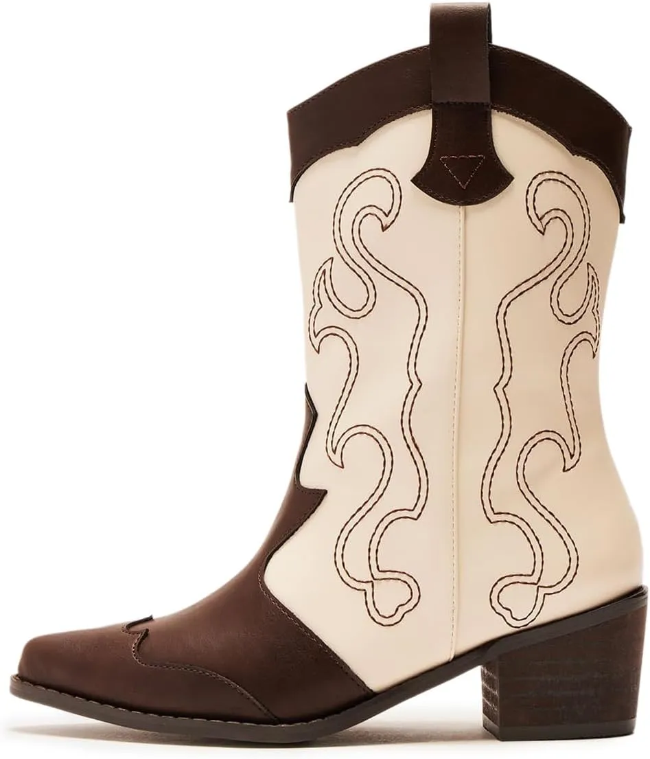 FOWT Women Retro Pointed Toe Embroidered Cowgirl Ankle Boots Stacked Block Low Heel Pull on Casual Cowboy Western Boots Size 4-16 US