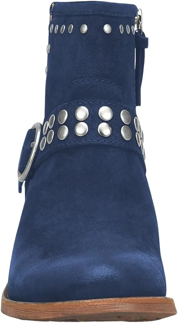 FOWT Women V Cut Cowgirl Ankle Boots Metal Rivet Studded Short Booties Slide Zipper Low Block Striped Heel Boots Metal Buckle Casual Fashion Work Shoes Size 4-16 US
