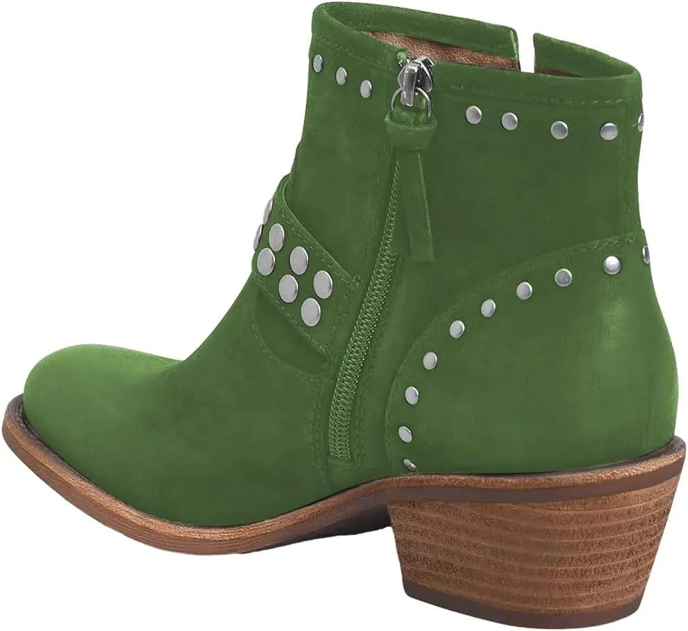 FOWT Women V Cut Cowgirl Ankle Boots Metal Rivet Studded Short Booties Slide Zipper Low Block Striped Heel Boots Metal Buckle Casual Fashion Work Shoes Size 4-16 US
