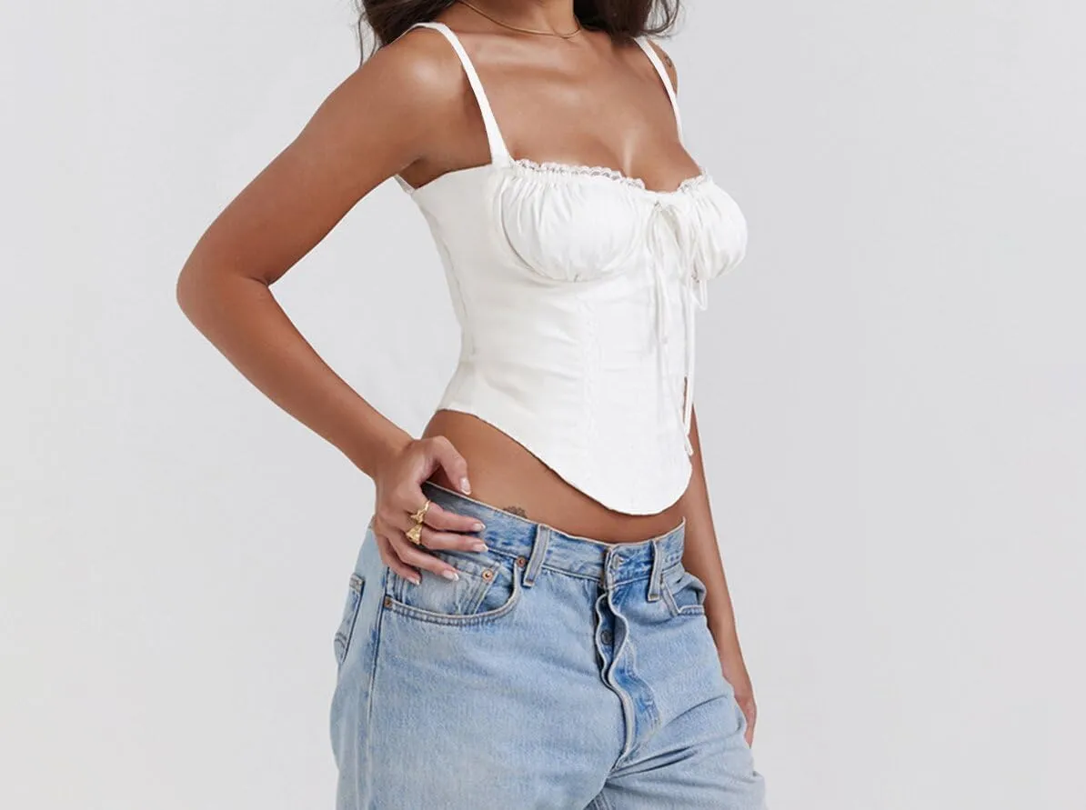 Fronage Women Sexy Low Cut Lace Corset Top Sleeveless Spaghetti Straps Slim Tank Top Trendy Open Back Boned Mesh Tunic Top