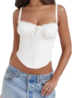 Fronage Women Sexy Low Cut Lace Corset Top Sleeveless Spaghetti Straps Slim Tank Top Trendy Open Back Boned Mesh Tunic Top