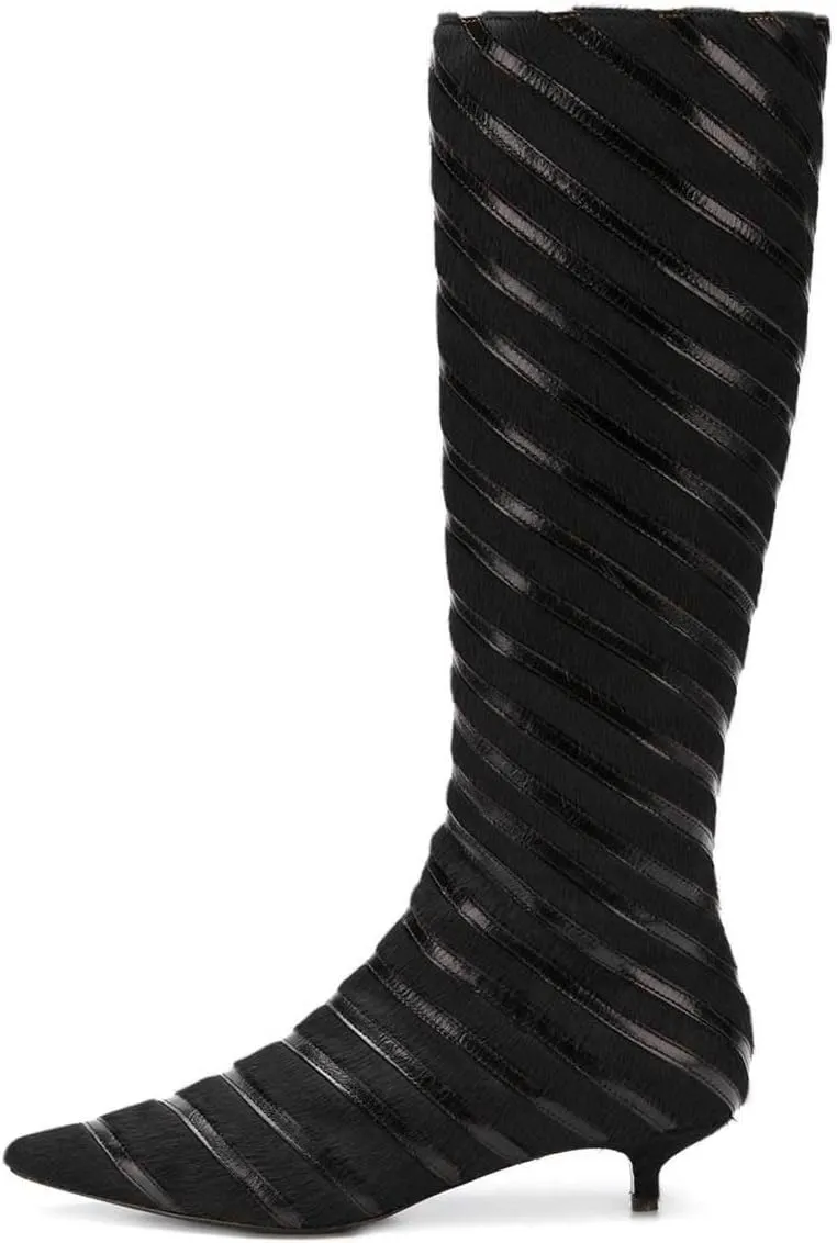 FSJ Women Fashion Pointed Toe Low Kitten Heel Knee High Boots Faux Fur Thread Comfort Winter Shoes with Side Zipper Size 4-15 US