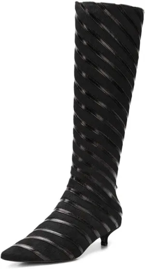 FSJ Women Fashion Pointed Toe Low Kitten Heel Knee High Boots Faux Fur Thread Comfort Winter Shoes with Side Zipper Size 4-15 US