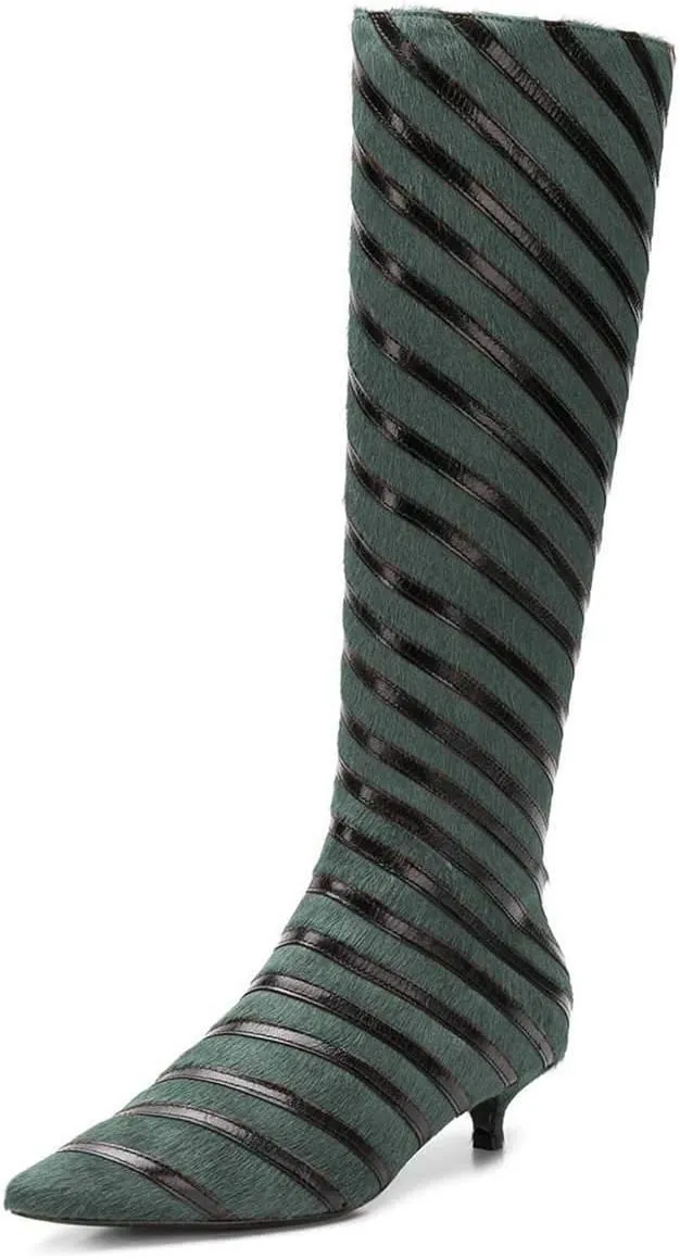 FSJ Women Fashion Pointed Toe Low Kitten Heel Knee High Boots Faux Fur Thread Comfort Winter Shoes with Side Zipper Size 4-15 US