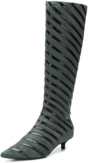 FSJ Women Fashion Pointed Toe Low Kitten Heel Knee High Boots Faux Fur Thread Comfort Winter Shoes with Side Zipper Size 4-15 US
