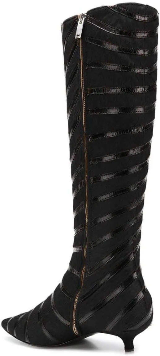 FSJ Women Fashion Pointed Toe Low Kitten Heel Knee High Boots Faux Fur Thread Comfort Winter Shoes with Side Zipper Size 4-15 US