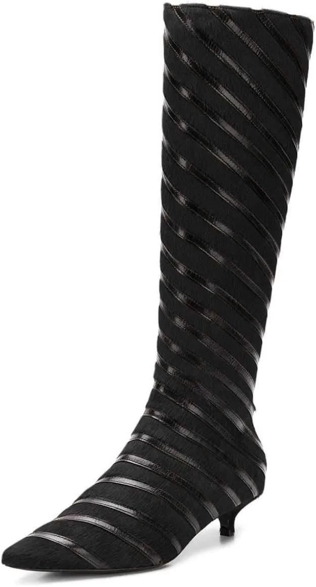FSJ Women Fashion Pointed Toe Low Kitten Heel Knee High Boots Faux Fur Thread Comfort Winter Shoes with Side Zipper Size 4-15 US