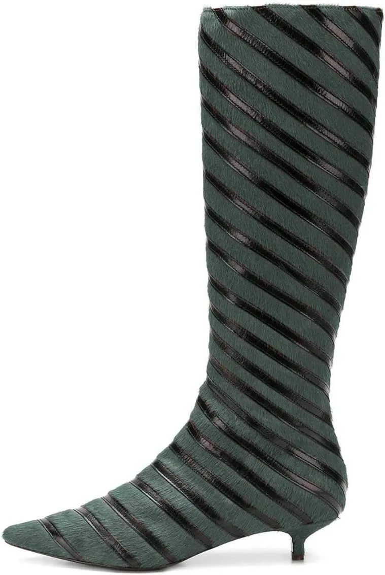 FSJ Women Fashion Pointed Toe Low Kitten Heel Knee High Boots Faux Fur Thread Comfort Winter Shoes with Side Zipper Size 4-15 US