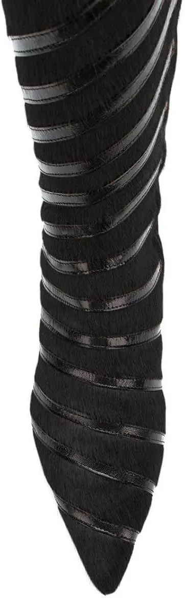 FSJ Women Fashion Pointed Toe Low Kitten Heel Knee High Boots Faux Fur Thread Comfort Winter Shoes with Side Zipper Size 4-15 US