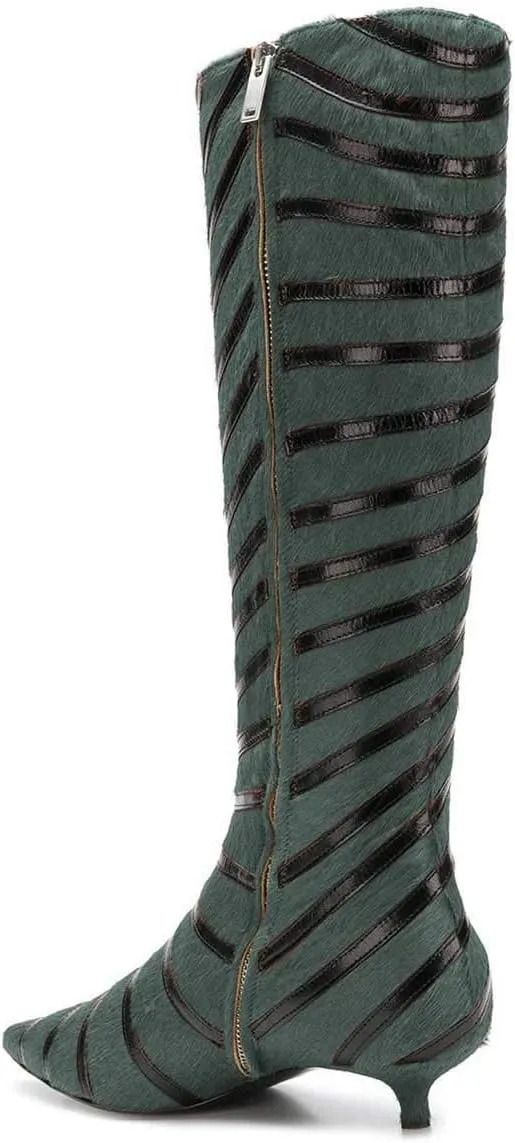 FSJ Women Fashion Pointed Toe Low Kitten Heel Knee High Boots Faux Fur Thread Comfort Winter Shoes with Side Zipper Size 4-15 US