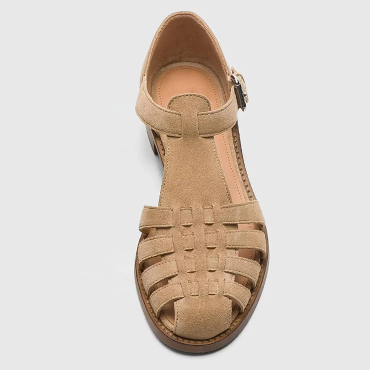 FSJ Women Retro Closed Toe Flats Sandals Low Block Heel Woven Roman Ankle Strap Hollow Caged Summer Fisherman Sandals Shoes Size 4-16 US