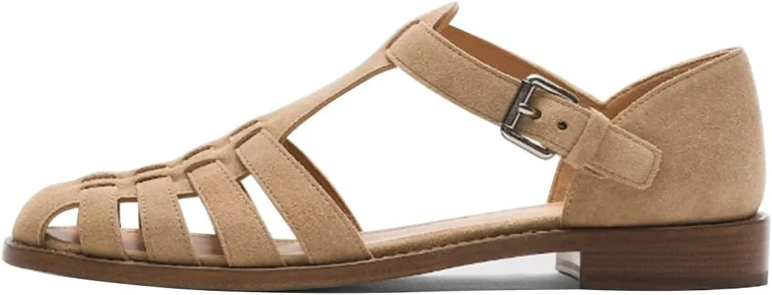 FSJ Women Retro Closed Toe Flats Sandals Low Block Heel Woven Roman Ankle Strap Hollow Caged Summer Fisherman Sandals Shoes Size 4-16 US