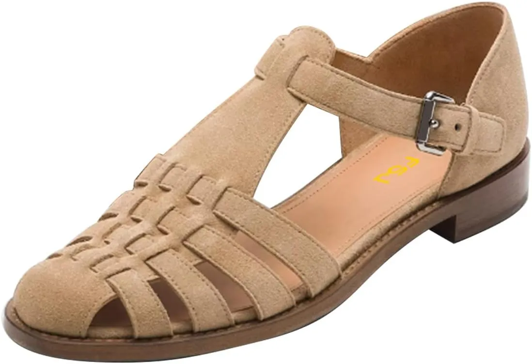 FSJ Women Retro Closed Toe Flats Sandals Low Block Heel Woven Roman Ankle Strap Hollow Caged Summer Fisherman Sandals Shoes Size 4-16 US