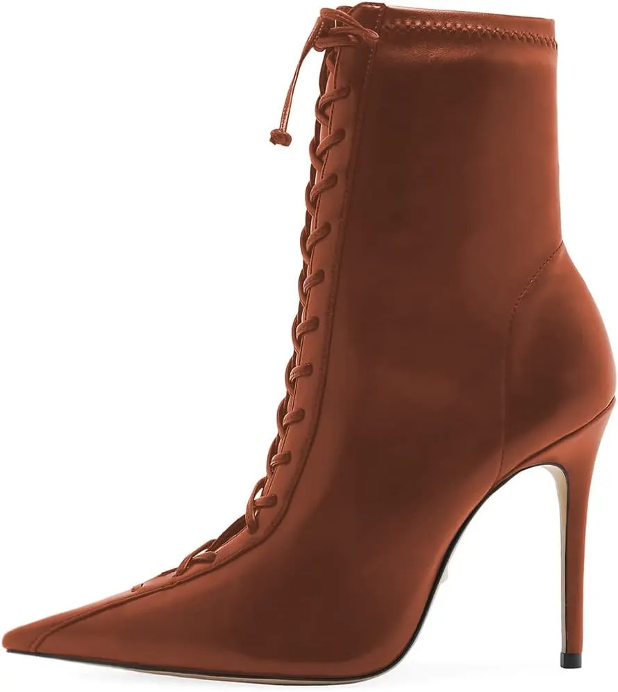 FYS Women Sexy Pointed Toe Stiletto High Heel Lace up Ankle Boots for Ladies Dress Autumn Booties Size 4-15 US