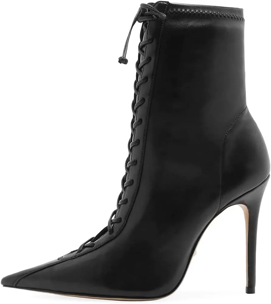 FYS Women Sexy Pointed Toe Stiletto High Heel Lace up Ankle Boots for Ladies Dress Autumn Booties Size 4-15 US