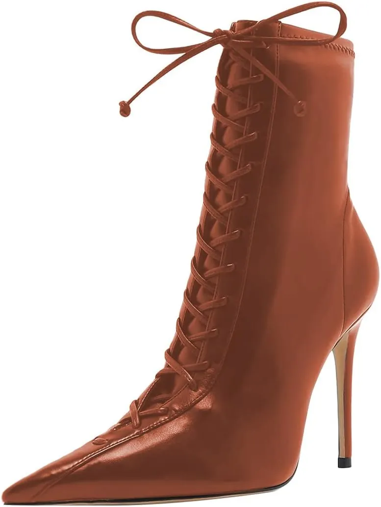 FYS Women Sexy Pointed Toe Stiletto High Heel Lace up Ankle Boots for Ladies Dress Autumn Booties Size 4-15 US