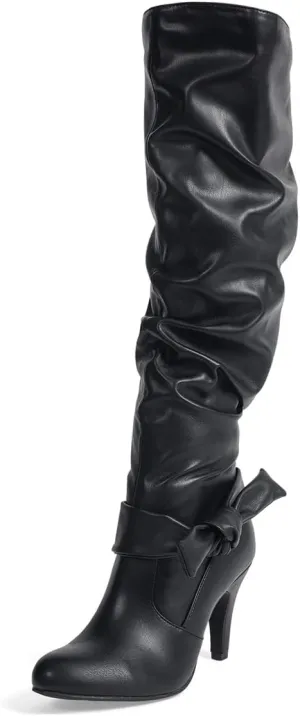 FYS Women's Closed Round Toe Knee High Boots Mid Heel Wide Calf Long Boots Side Zipper Walking Dressy Bow Tie Shoes Size 4-16 US